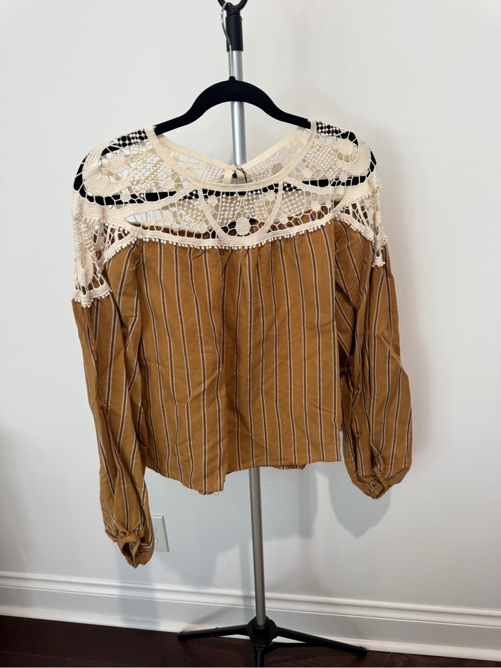 Zara Cream Crochet Yoke Striped Blouse - Tan